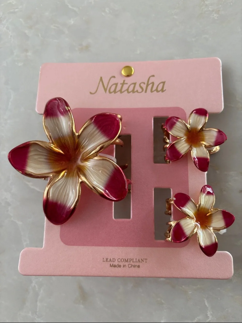 NWT Natasha Couture Pink and Gold Tropical Plumeria Floral Hair Claw Set